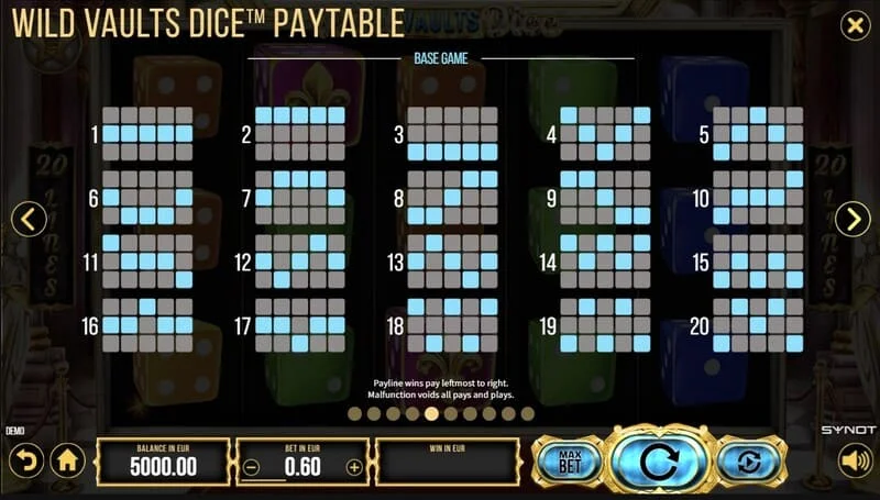 Wild Vaults Dice - Wild Dice con multiplicador en una línea de pago ganadora